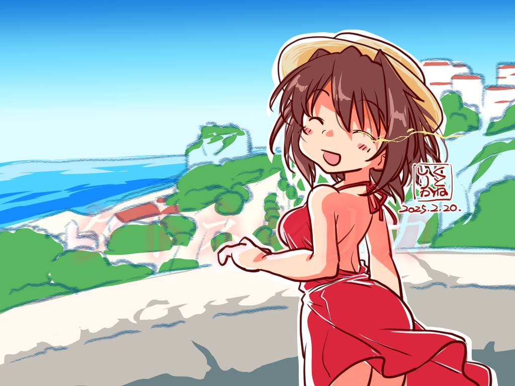 1girl alternate_costume artist_logo backless_dress backless_outfit blue_sky brown_hair closed_eyes cloud cowboy_shot day dress from_behind furutaka_(kancolle) glowing glowing_eye halter_dress halterneck kantai_collection kutone_shirika landscape logo looking_at_viewer looking_back outdoors red_dress short_hair sky smile solo standing