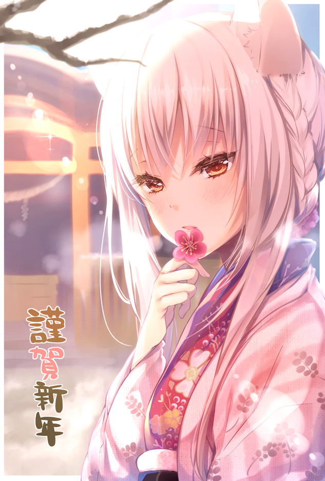 1girl altar animal_ears blush braid building cat_ears cocoa_(cafe-hotcocoa) eyelashes female_focus floral_print flower holding holding_flower japanese_clothes kimono light_smile orange_eyes original parted_lips portrait profile short_hair_with_long_locks shrine single_braid snow solo sunlight upper_body