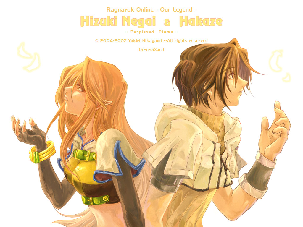 1boy 1girl 2004 2007 bangle blonde_hair bracelet breasts brown_eyes brown_gloves brown_hair brown_shirt commentary_request cover cover_page crop_top cropped_jacket doujin_cover elbow_gloves fingerless_gloves from_side gloves hair_between_eyes hikagami_yukiri hunter_(ragnarok_online) jacket jewelry long_bangs long_hair medium_breasts midriff parted_lips pointy_ears profile ragnarok_online shirt short_hair short_sleeves simple_background upper_body watermark web_address white_background white_jacket