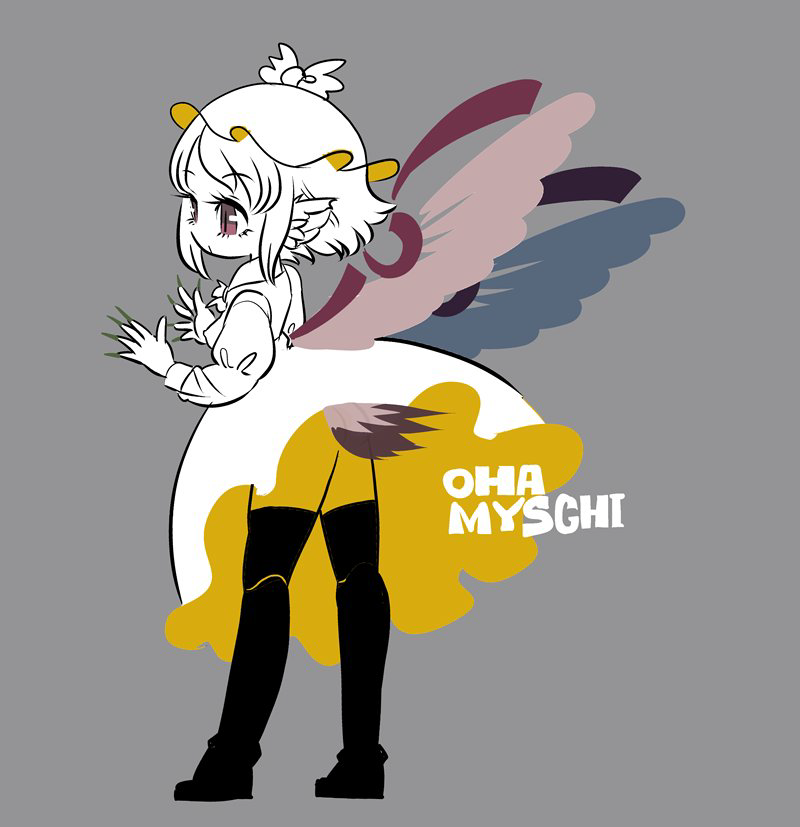 1girl animal_ears bird_ears bird_tail bird_wings black_shoes black_thighhighs dress fingernails full_body green_nails grey_background hat long_fingernails long_sleeves mystia_lorelei nail_polish partially_colored pink_eyes pink_wings sharp_fingernails shoes short_hair simple_background solo tail thighhighs touhou winged_hat wings yt_(wai-tei)