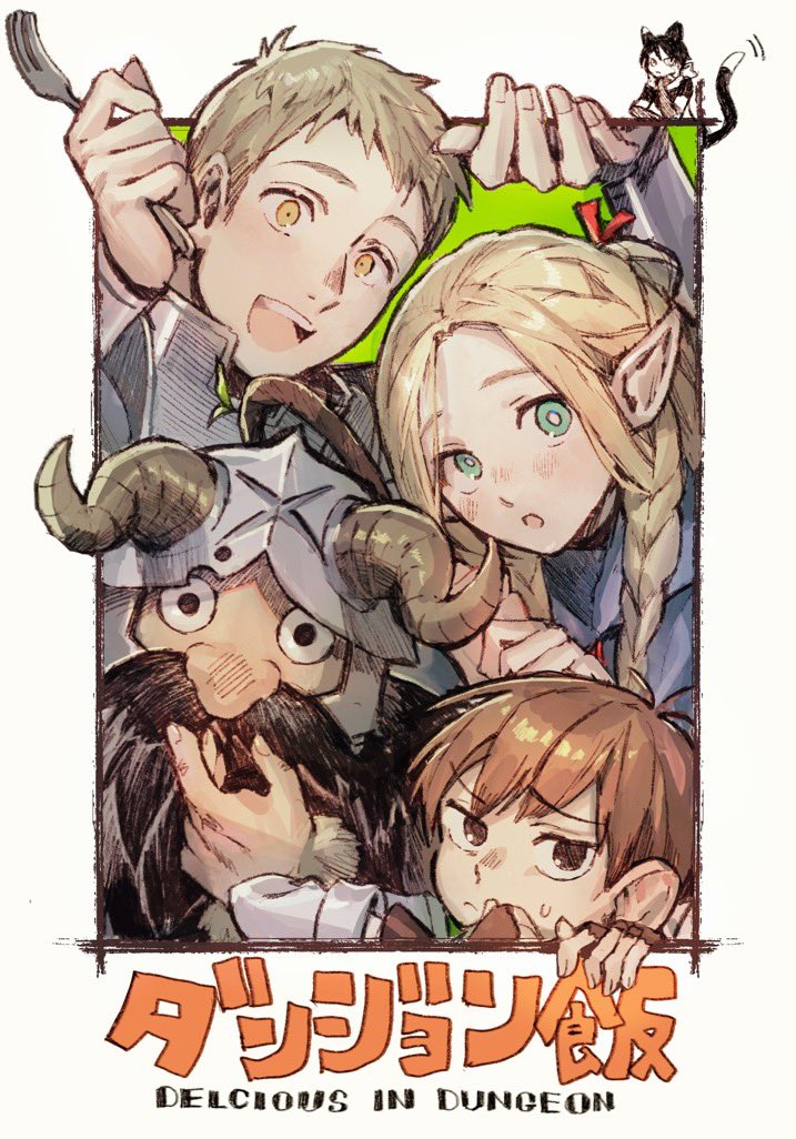 2girls 3boys :d :o animal_ears armor beard black_hair blonde_hair blue_capelet braid brown_gloves brown_hair capelet cat_ears cat_girl cat_tail chilchuck_tims copyright_name dungeon_meshi dwarf elf english_text facial_hair fake_horns fingerless_gloves fork frown gloves green_background green_eyes green_scarf grey_hair hair_around_ear half_updo halfling hand_up hands_up helmet holding holding_fork holding_staff hood hood_down hooded_capelet horned_helmet horns izutsumi laios_touden leather_armor long_hair long_sleeves looking_at_viewer marcille_donato mebaru mini_person minigirl multiple_boys multiple_girls neck_warmer open_mouth outside_border peeking_out plate_armor pointy_ears scarf senshi_(dungeon_meshi) shirt short_hair smile sprout staff sweatdrop tail twin_braids vambraces white_shirt yellow_eyes