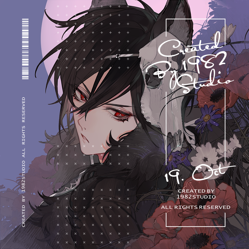 1boy animal_ears ayn_alwyn ayn_alwyn_(deimortem_era) black_hair black_jacket bright_pupils daisy double-parted_bangs flower fur-trimmed_jacket fur_trim hair_between_eyes jacket jitome looking_at_viewer looking_to_the_side lovebrush_chronicles lower_eyelashes_only male_focus mask mask_on_head nickel_nike parted_lips poppy_(flower) portrait purple_background purple_flower red_eyes red_flower short_hair skull_mask solo v-shaped_eyebrows watermark white_flower white_pupils wolf_boy wolf_ears