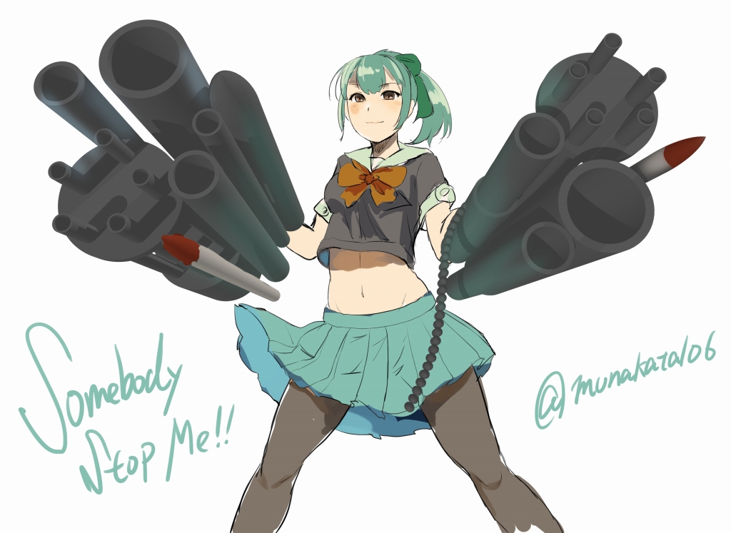 1girl brown_eyes cannon english_text female_focus gatling_gun green_hair gun kantai_collection midriff minigun missile munakata_(hisahige) navel pantyhose parody ponytail school_uniform serafuku short_hair simple_background skirt solo the_mask weapon white_background yuubari_(kancolle)