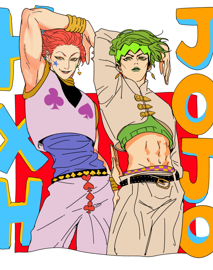 2boys crossover diamond_wa_kudakenai earrings facepaint green_hair hisoka_morow hunter_x_hunter jewelry jojo_no_kimyou_na_bouken kilva_lollop kishibe_rohan lipstick makeup male_focus midriff multiple_boys parody red_hair sleeveless