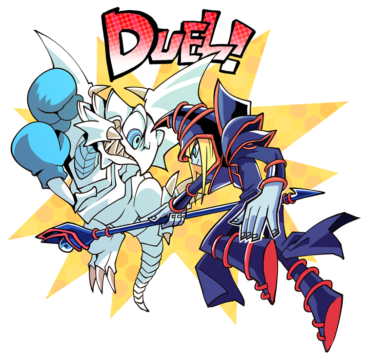 1boy blonde_hair blue-eyes_toon_dragon blue-eyes_white_dragon blue_eyes blue_gloves blue_skin boxing_gloves closed_mouth colored_skin dark_magician dragon duel_monster gloves hat holding holding_staff male_focus ringed_eyes sharp_teeth staff teeth toon_(style) white_background wizard_hat yu-gi-oh! yuza