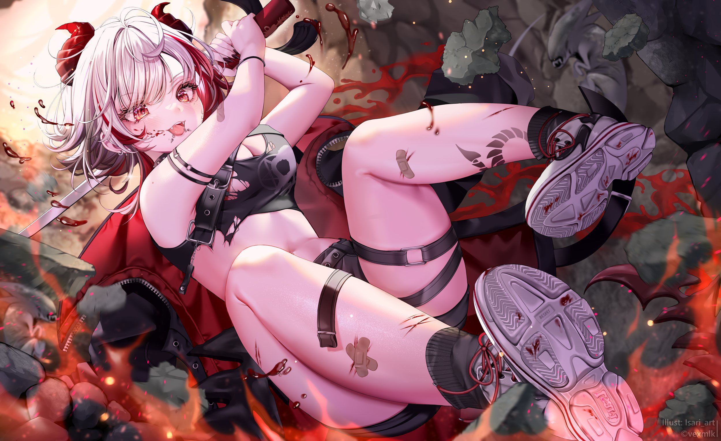1girl ahoge artist_name bandaid bandaid_on_arm bandaid_on_leg black_shirt black_shorts black_socks blood blood_on_face breasts cleavage commission earrings fangs highres holding holding_sword holding_weapon indie_virtual_youtuber isari_sensei jacket jewelry leg_tattoo multicolored_hair o-ring_arm_strap open_clothes open_jacket open_mouth red_eyes red_hair shirt shoes shorts sneakers socks streaked_hair sword tattoo thigh_strap torn_clothes torn_shirt twitter_username vexmlk virtual_youtuber weapon white_hair white_shoes zipper