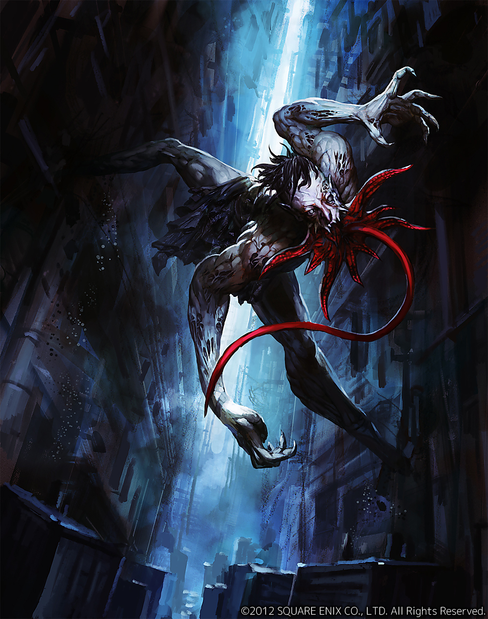 1boy alley bare_shoulders black_hair blood blood_on_face claws colored_skin dannoura_yuuki deadman&#039;s_cross fingernails grey_eyes grey_skin highres long_tongue male_focus monster official_art open_mouth outdoors pointy_ears sharp_fingernails sharp_teeth solo teeth tongue tongue_out veins zombie