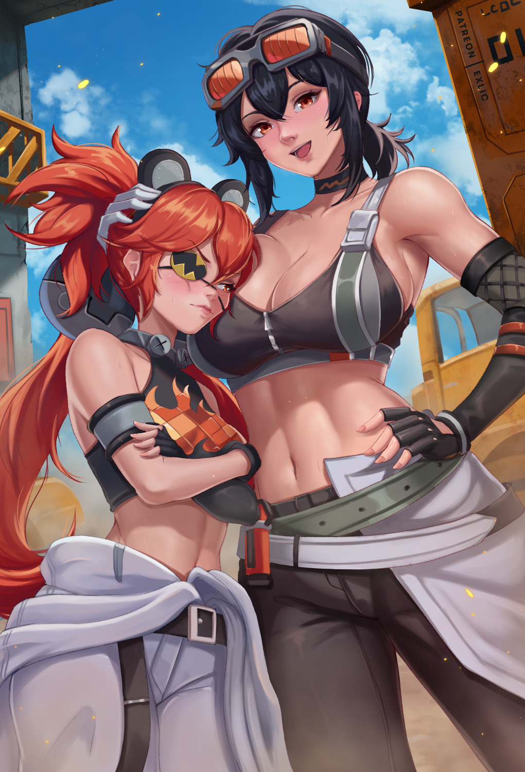 2girls animal_ears asymmetrical_gloves bare_shoulders bear_ears black_choker black_gloves black_hair black_pants breast_press breasts cheek-to-breast choker crop_top crossed_arms elbow_gloves exlic eyepatch fake_animal_ears fingerless_gloves gloves goggles goggles_on_head grace_howard hand_on_another&#039;s_head hand_on_own_hip highres koleda_belobog large_breasts long_hair looking_at_breasts looking_at_viewer midriff mismatched_gloves multiple_girls navel orange_eyes outdoors pants red_eyes red_hair single_elbow_glove small_breasts smile uneven_gloves white_pants zenless_zone_zero