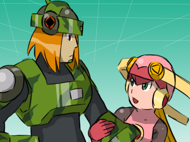 00s blonde_hair bodysuit capcom green_eyes mega_man_(series) mega_man_battle_network mega_man_battle_network_(series) orange_hair red_eyes roll.exe_(mega_man) search_man searchman.exe