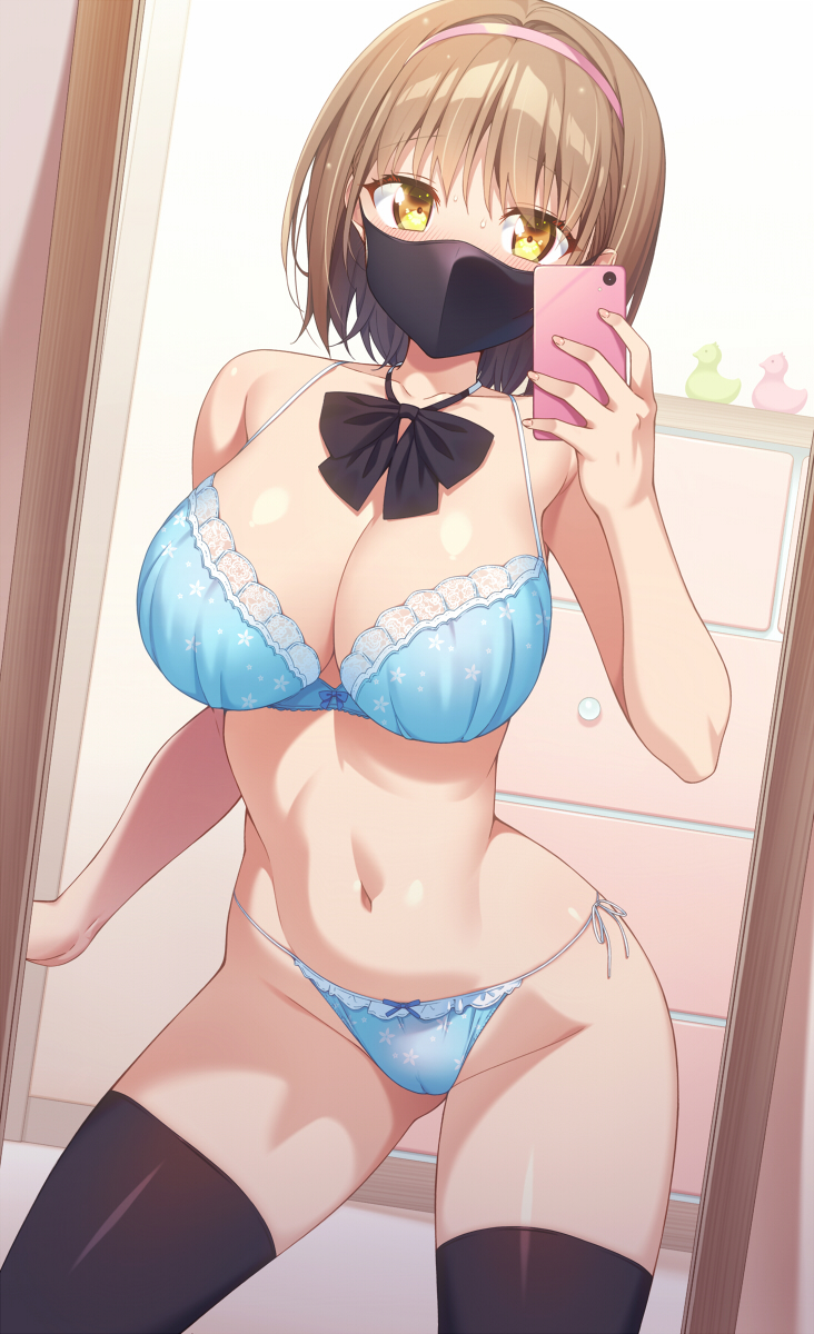 1girl black_bow black_bowtie black_thighhighs blue_bra blue_panties bow bowtie bra breasts brown_eyes brown_hair cellphone highres holding holding_phone hotaka_mai kazuma_(kazumav) large_breasts looking_at_viewer mask mirror_selfie mouth_mask original panties phone selfie short_hair solo thighhighs underwear