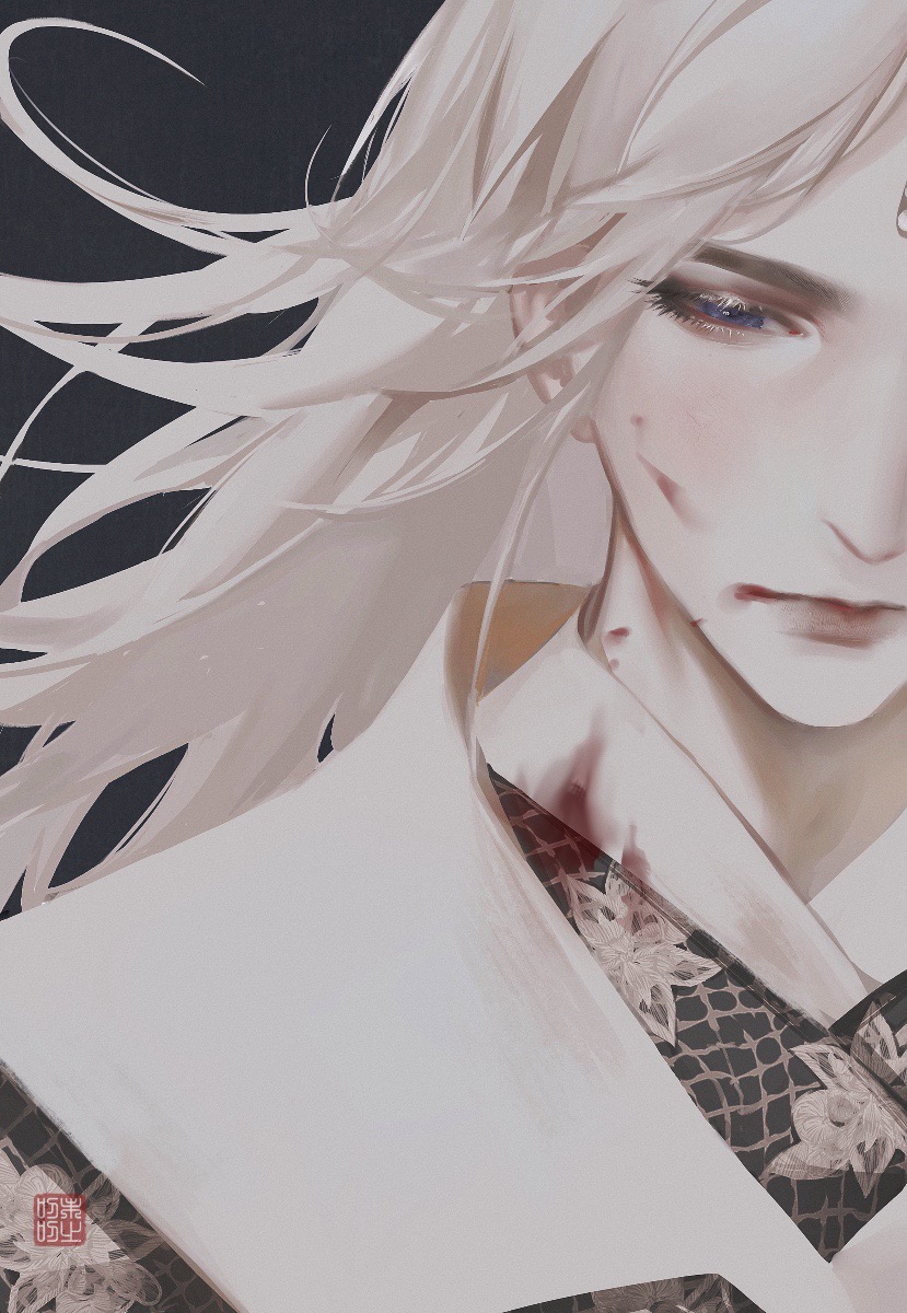 1boy black_background blood blood_on_clothes blood_on_face chinese_clothes closed_mouth downturned_eyes eyelashes floating_hair floral_print hanfu highres jinguang_budaixi limited_palette male_focus purple_eyes ren_piaomiao seal_impression sidelocks solo split_crop watermark weizhidaodao white_hair white_hanfu
