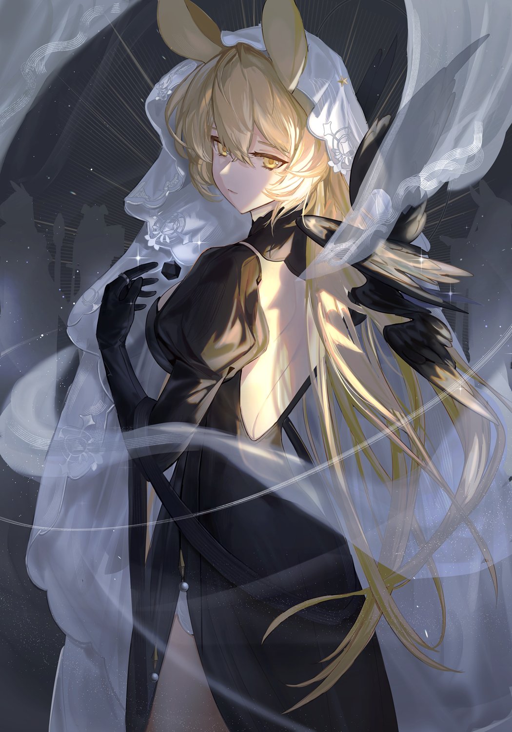 1girl abstract_background animal_ears arknights backless_dress backless_outfit black_bow black_dress black_gloves blonde_hair bow commentary cowboy_shot dice dorothy_(arknights) dorothy_(hand_of_destiny)_(arknights) dress frown gloves half-closed_eyes highres kachi long_hair long_sleeves looking_at_viewer looking_back puffy_sleeves rabbit_ears rabbit_girl side_slit solo veil yellow_eyes