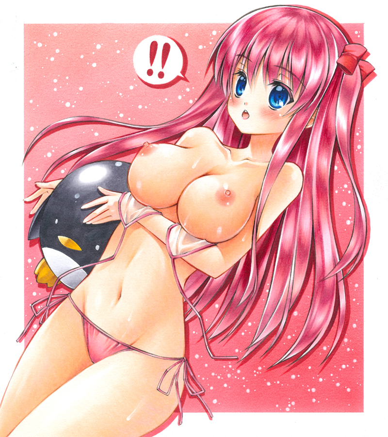 ! !! 1girl aqua_eyes bad_id ball beachball bikini blush border breasts etopen female_focus hair_ornament hair_ribbon haramura_nodoka long_hair marker_(medium) navel nipples open_mouth outside_border pink_bikini pink_hair ribbon saki_(manga) side-tie_bikini_bottom solo stuffed_animal stuffed_penguin stuffed_toy surprised swimsuit traditional_media two_side_up unworn_bikini_top yuto_cafe