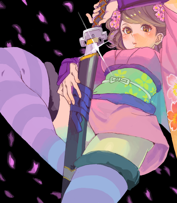 1girl bad_drawr_id bad_id black_background brown_eyes brown_hair cherry_blossom_print cherry_blossoms closed_mouth falling_petals floral_print floral_print_kimono flower from_below green_sash hair_flower hair_ornament japanese_clothes katana kimono looking_at_viewer momohime oboro_muramasa oekaki pego_(peco_peco) petals pink_flower print_kimono purple_kimono purple_thighhighs sash sheath short_hair short_kimono solo sparkle striped_clothes striped_thighhighs sword thighhighs unsheathing weapon zettai_ryouiki