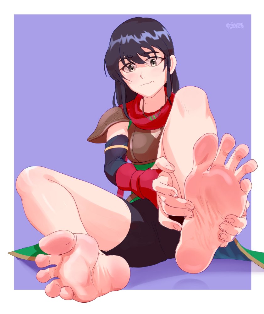 1girl armor artist_name bare_legs barefoot black_hair black_shorts blush border breasts closed_mouth feet fingerless_gloves fire_emblem fire_emblem:_thracia_776 foot_focus foreshortening full_body gloves grey_eyes hair_between_eyes jewelry knee_up legs long_hair looking_at_viewer mareeta_(fire_emblem) medium_breasts necklace nintendo purple_background red_gloves red_scarf scarf shadow shorts shoulder_armor sidelocks simple_background sitting soles solo spread_legs staerk toes twitter_username white_border