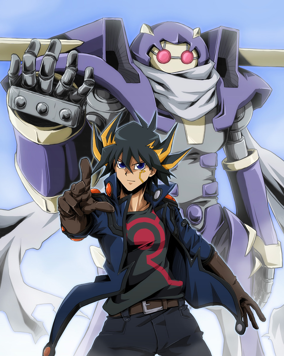 1boy belt black_hair blonde_hair blue_eyes duel_monster facial_tattoo fudo_yusei gloves highres jacket junk_warrior multicolored_hair pants robot scarf tansan_otoko tattoo yu-gi-oh! yu-gi-oh!_5d&#039;s