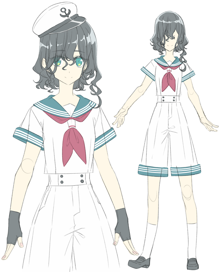 1girl black_footwear black_gloves closed_mouth commentary commission fingerless_gloves fingernails gloves green_eyes green_sailor_collar grey_hair hat looking_at_viewer multiple_views murasa_minamitsu neckerchief red_neckerchief sailor_collar sailor_hat sakuraba_yuuki shirt shoes short_sleeves shorts skeb_commission sketch smile socks split_mouth touhou white_background white_headwear white_shirt white_shorts white_socks