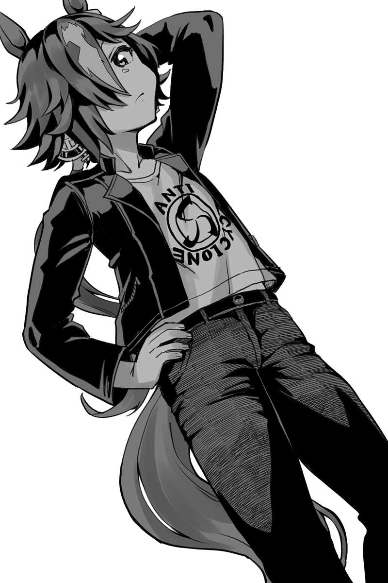 1girl alternate_costume animal_ears arm_behind_head arm_up belt casual closed_mouth dutch_angle feet_out_of_frame greyscale hair_over_one_eye hand_on_own_hip highres horse_ears horse_girl horse_tail jacket long_hair long_sleeves looking_at_viewer low_ponytail monochrome okachi open_clothes open_jacket pants ponytail shirt solo standing tail umamusume vodka_(umamusume)