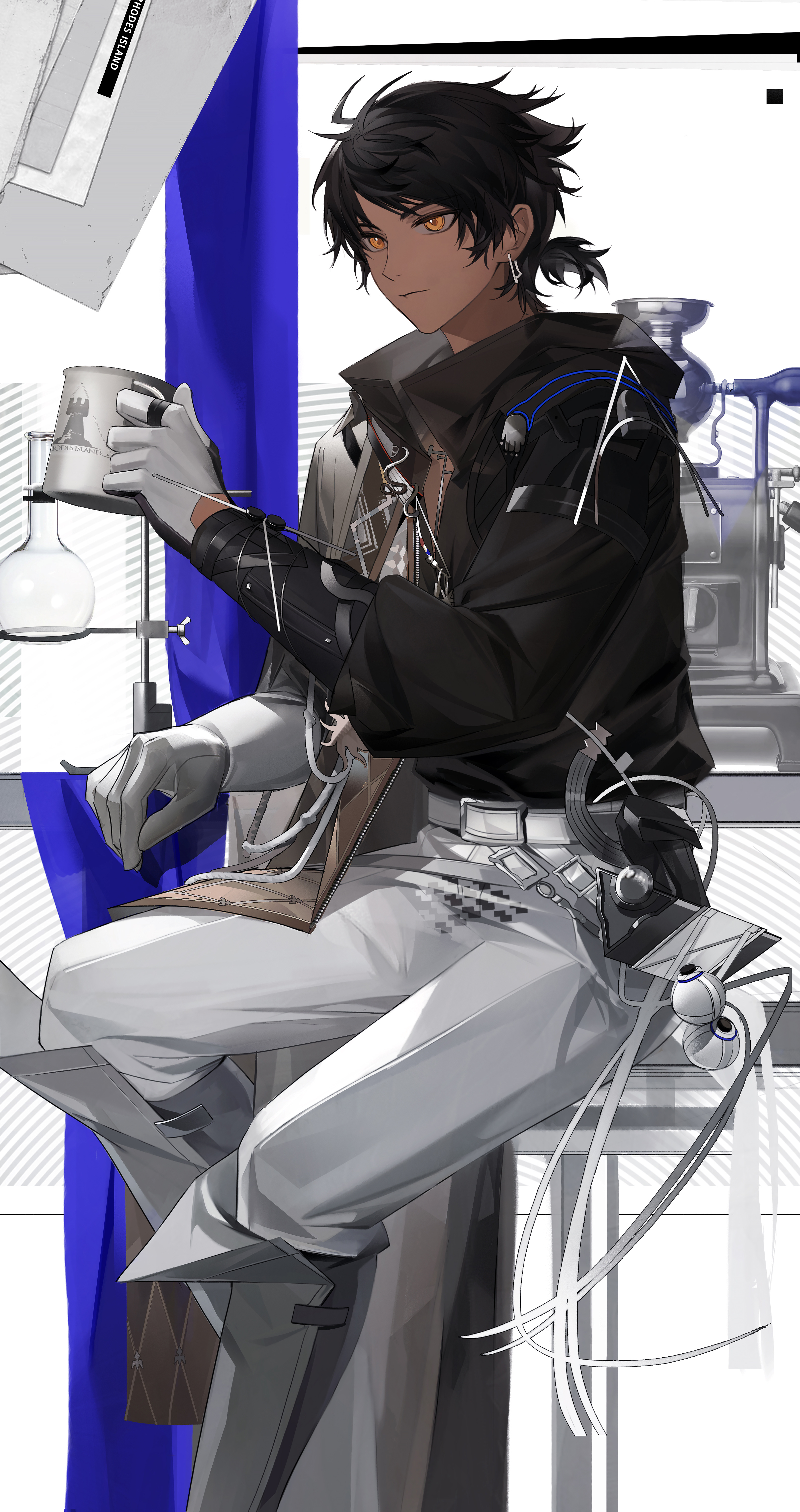 1boy absurdres arknights black_hair black_shirt chinese_commentary closed_mouth coffee_mug commentary_request cup dark-skinned_male dark_skin earrings gloves heisedejin highres holding jewelry long_sleeves male_focus mug pants rhodes_island_logo_(arknights) shirt short_hair sitting solo thorns_(arknights) white_gloves white_pants yellow_eyes