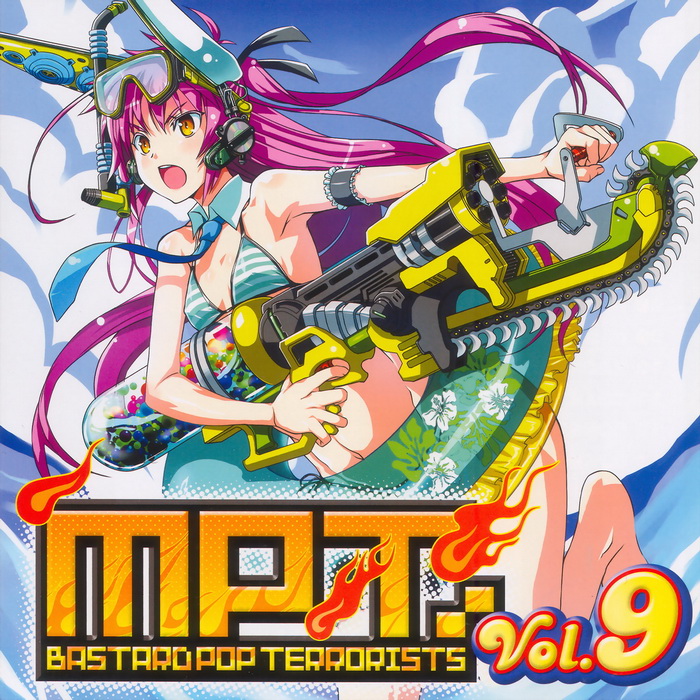 1girl album_cover animal_ears armlet bikini chainsaw cover diving_mask gatling_gun gears_of_war goggles groin gun innertube jewelry lancer_(gears_of_war) long_hair navel necktie ocean open_mouth original parody pink_hair rabbit_ears shike_naoto snorkel striped_bikini striped_clothes swim_ring swimsuit water_gun weapon yellow_eyes