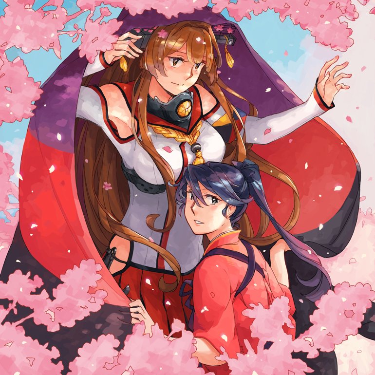 2girls armband armpits bare_shoulders blue_eyes blue_hair blush breasts brown_eyes brown_hair cherry_blossoms cloak closed_mouth collar commentary_request day detached_sleeves flower hair_between_eyes hair_flower hair_ornament headgear hip_vent houshou_(kancolle) japanese_clothes kantai_collection kimono long_hair long_sleeves looking_at_viewer miniskirt multiple_girls parted_lips petals pink_kimono pleated_skirt ponytail red_skirt shaded_face skirt sky smile tasuki tree weidashming wide_sleeves yamato_(kancolle) z-flag