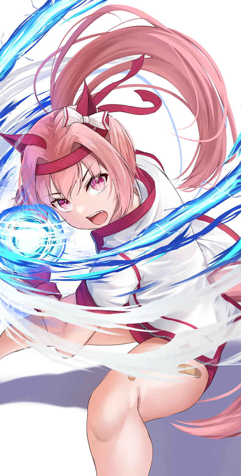 1girl animal_ears bandaid bandaid_on_thigh bow buruma commentary_request ear_bow ear_covers fighting_stance flower-shaped_pupils gloves hadouken hairband haru_urara_(umamusume) headband highres horse_ears horse_girl horse_tail jacket long_hair merxkialis open_clothes open_jacket open_mouth pink_eyes pink_hair ponytail red_buruma red_hairband shadow short_sleeves simple_background solo street_fighter symbol-shaped_pupils tail umamusume white_background white_bow