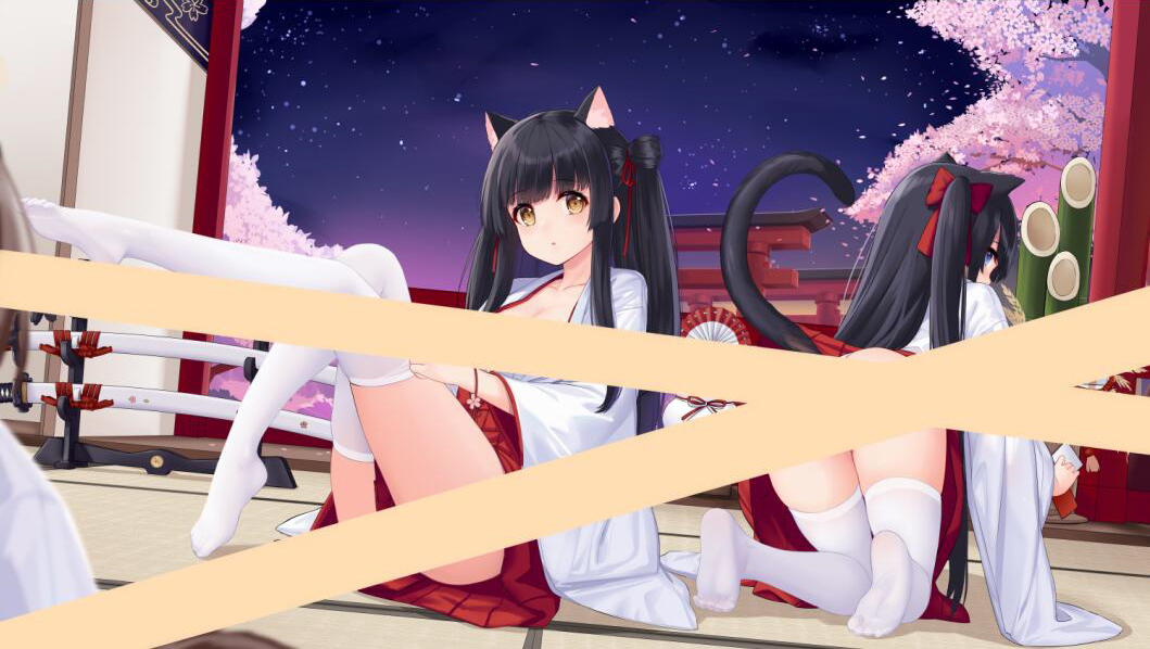 2girls :o all_fours allenes azur_lane bamboo black_hair blue_eyes blush bow brown_eyes censored cherry_blossoms commentary_request flower hair_bow hatsuharu_(azur_lane) japanese_clothes kadomatsu katana kimono knees_up long_hair long_sleeves looking_at_viewer looking_back multiple_girls night night_sky no_shoes one_side_up parted_lips pink_flower pleated_skirt red_bow red_skirt sheath sheathed sitting skindentation skirt sky soles star_(sky) starry_sky sword thighhighs tree very_long_hair weapon white_kimono white_legwear wide_sleeves yuugure_(azur_lane)