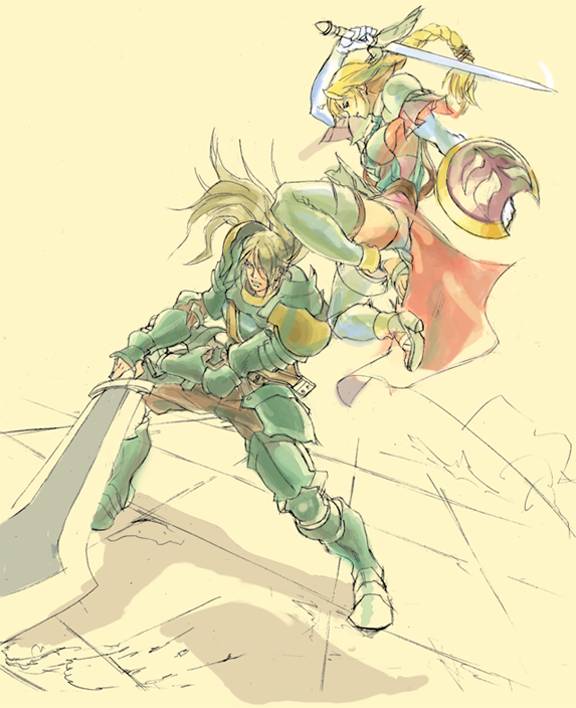 1boy 1girl alternate_costume armor mature_female namco ponytail shield siegfried_schtauffen skirt sophitia_alexandra soul_calibur soulcalibur_i sword weapon