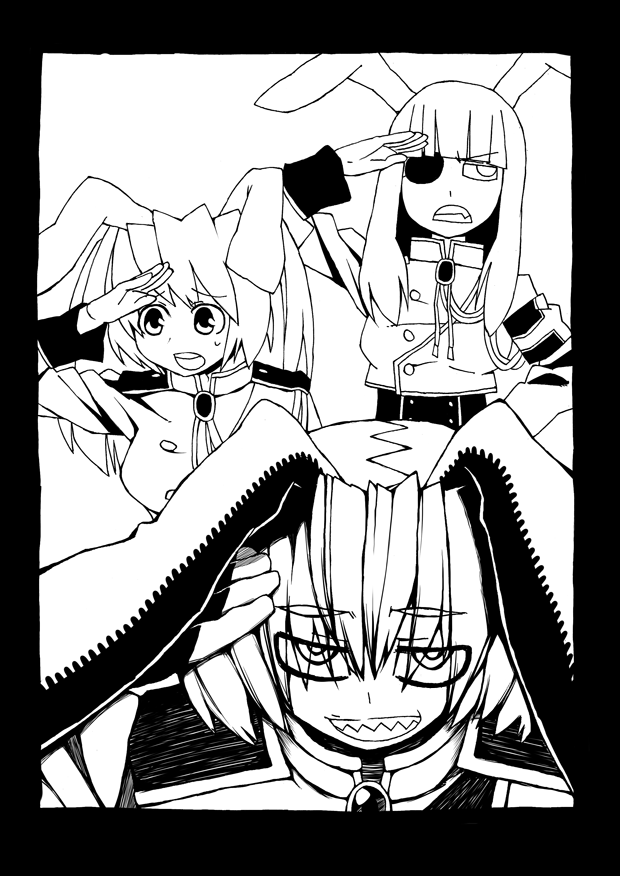 07th_expansion animal_ears armband bad_id bad_pixiv_id rabbit_ears chiester00 chiester410 chiester45 chiester_sisters eyepatch greyscale grin monochrome monochrome no_naku_koro_ni_(series) smile umineko_no_naku_koro_ni yaza