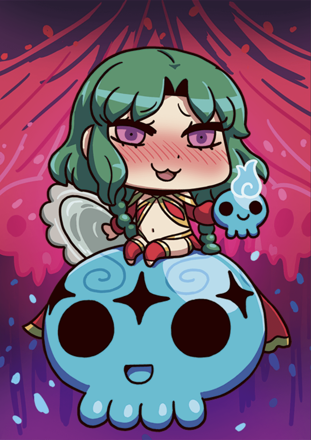 1girl :3 april_fools blush braid chibi crystal_skull detached_sleeves fate/grand_order fate_(series) female_focus floating green_hair highres holding holding_skull long_hair long_sleeves navel official_art open_mouth pink_eyes riyo_(lyomsnpmp) salome_(fate) sitting skull solo twin_braids
