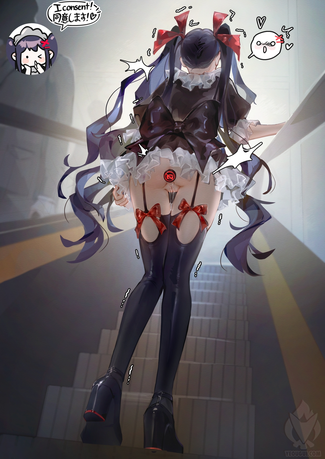 1girl anal anal_object_insertion ass black_dress black_hair black_shoes black_thighhighs butt_plug chibi chibi_inset dress escalator full_body garter_straps high_heels highres long_hair no_panties object_insertion original pussy pussy_juice sex_toy shoes solo speech_bubble spoken_blush standing thighhighs trembling very_long_hair yeougui