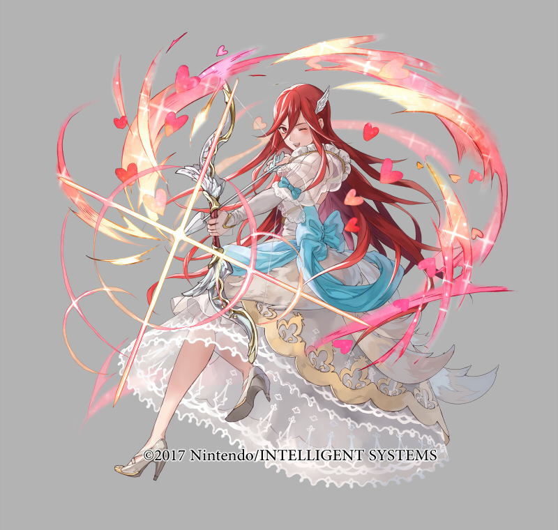 1girl arrow_(projectile) blush bow_(weapon) bridal_gauntlets copyright_notice cordelia_(fire_emblem) cordelia_(perfect_bride)_(fire_emblem) dress fire_emblem fire_emblem_awakening fire_emblem_heroes full_body grey_background hair_ornament heart high_heels holding holding_bow_(weapon) holding_weapon long_hair looking_at_viewer mayo_(becky2006) nintendo official_art one_eye_closed open_mouth red_eyes red_hair ribbon smile solo weapon wedding_dress white_dress