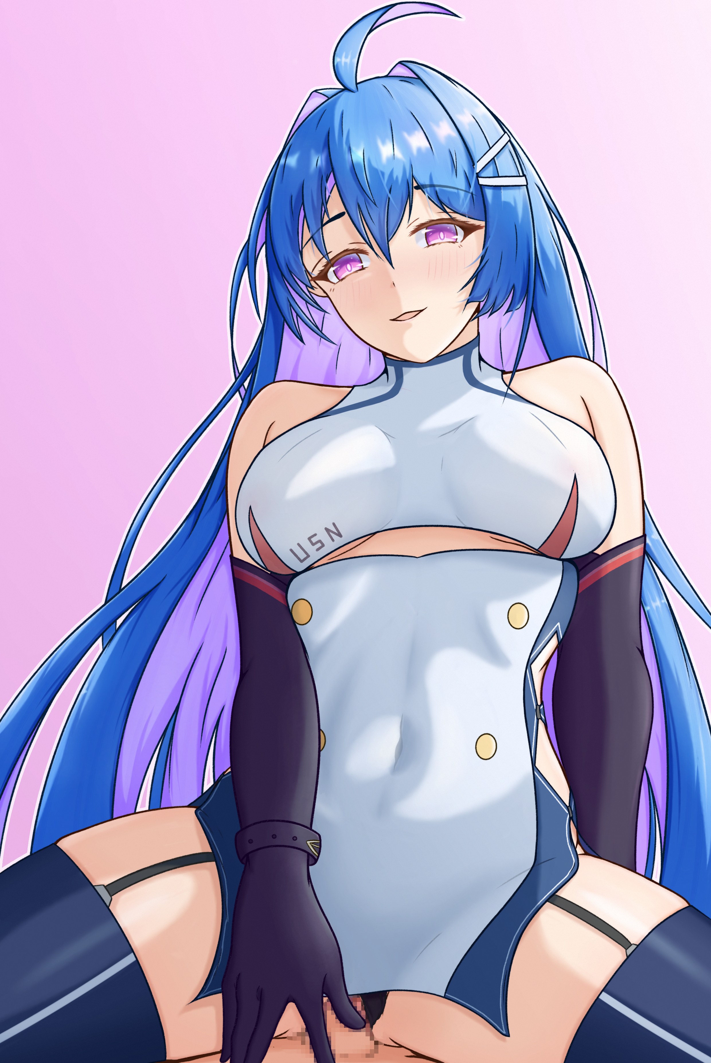 1boy 1girl :d absurdres arm_behind_back assertive_female azur_lane bare_shoulders between_legs black_gloves black_panties blue_hair boots breasts buttons censored clothed_female_nude_male clothed_sex clothing_aside clothing_cutout commentary covered_navel cowgirl_position double-breasted dress elbow_gloves english_commentary garter_straps girl_on_top gloves hair_between_eyes hair_ornament hairclip half-closed_eyes hand_between_legs helena_(azur_lane) hetero highres long_hair looking_at_viewer looking_down medium_breasts multicolored_hair nude open_mouth panties panties_aside penis pov purple_eyes purple_hair pussy sex short_dress skin_tight sleeveless sleeveless_dress smile solo_focus spread_legs straddling thigh_boots thighs two-tone_hair underboob underboob_cutout underwear upskirt vaginal very_long_hair white_dress wororg