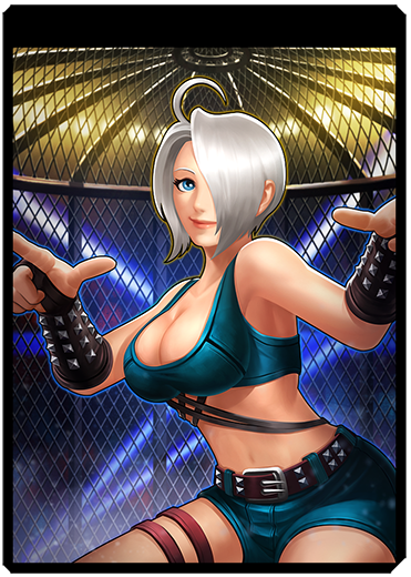 1girl angel_(kof) blue_eyes breasts cleavage denim female_focus gloves hair_over_one_eye hands_up jeans jewelry large_breasts leather one_eye_covered pale_skin pants ring short_hair shorts smile smiley_face stage stage_lights standing tank_top the_king_of_fighters thighs white_hair