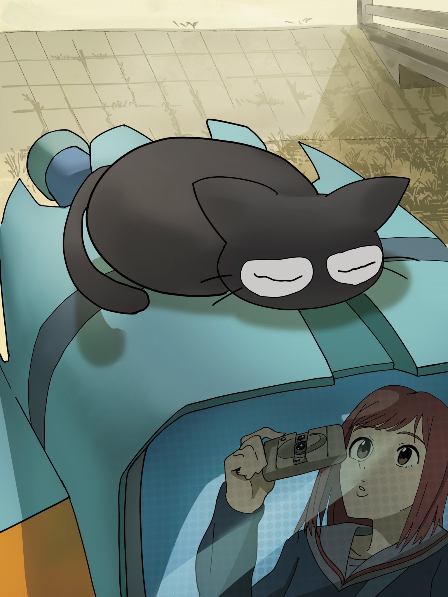 1girl animal black_cat camera canti cat flcl grass highres holding holding_camera lips pink_punk_ponk red_hair reflection robot samejima_mamimi shadow takkun_(flcl)