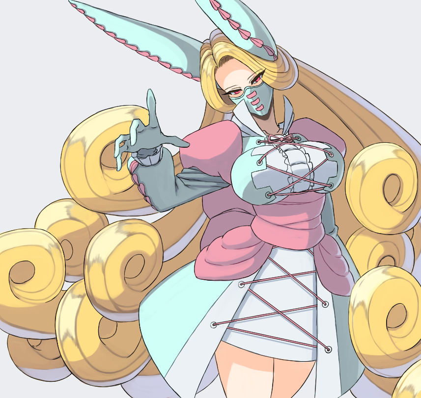 1girl animal_ears back_bow blonde_hair bow breasts center_frills cross-laced_clothes cross-laced_dress curly_hair dirty_deeds_done_dirt_cheap dress frills gloves hand_up jojo_no_kimyou_na_bouken juliet_sleeves kamuruchii large_breasts long_hair long_sleeves looking_at_viewer mask mouth_mask personification pink_eyes popped_collar puffy_sleeves solo steel_ball_run very_long_hair