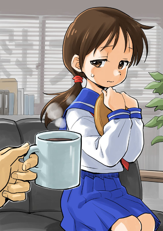black_hair blue_skirt brown_eyes coffee cup famicom_tantei_club indoors legs_together mug nishinozawa_kaorisuke pleated_skirt ponytail pov red_neckwear school_uniform shy sitting skirt tachibana_ayumi
