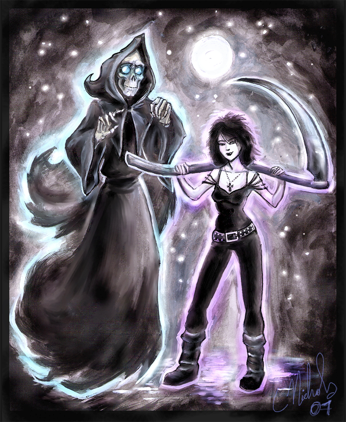 1girl ankh belt black_hair boots crossover dc_comics death death_(dc) death_(entity) discworld floating full_moon goth_fashion hood jewelry moon necklace pale_skin scythe skeleton skull standing the_sandman
