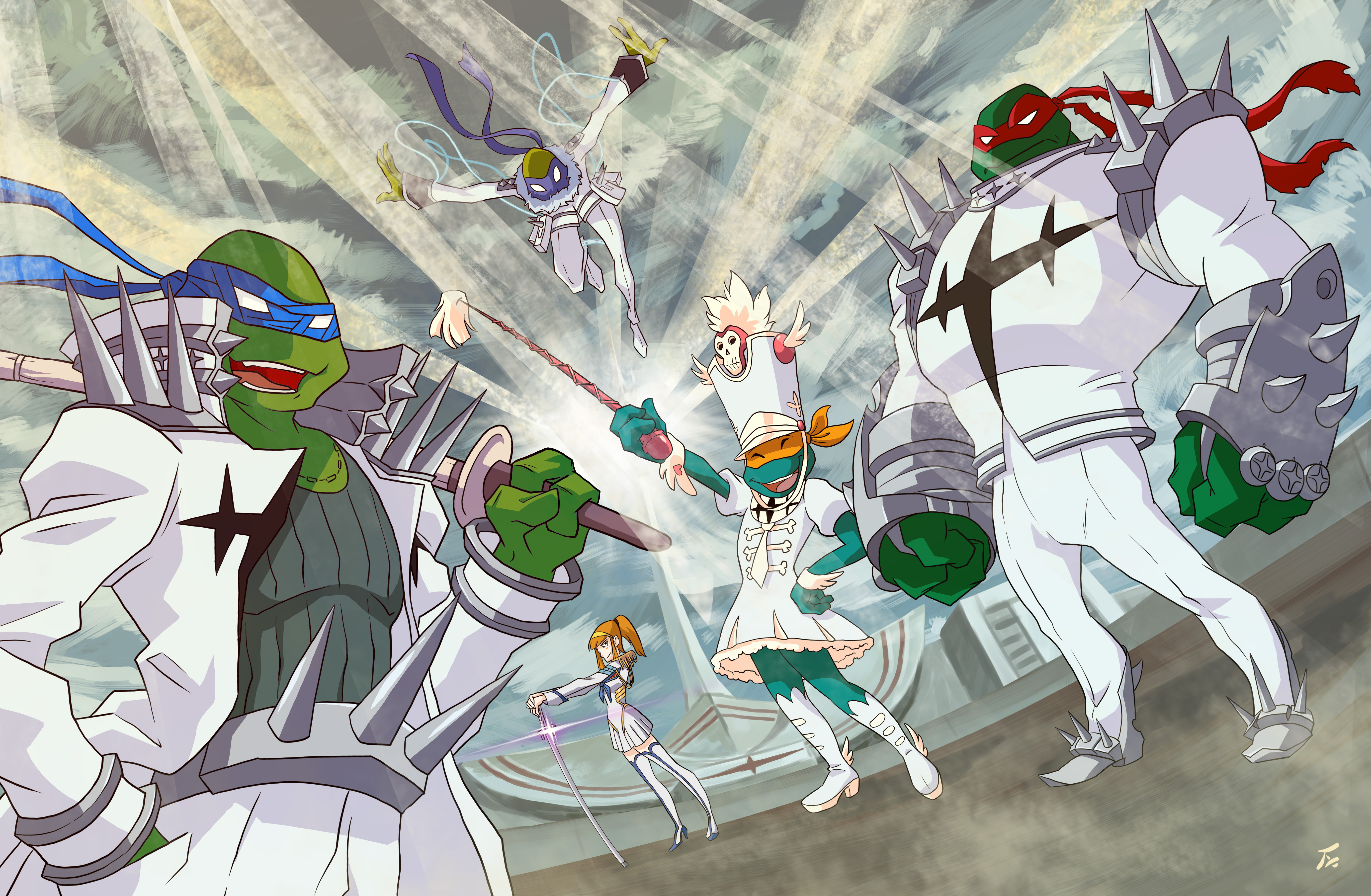 1girl absurdres april_o'neil cosplay crossdressing donatello_(tmnt) gamagoori_ira gamagoori_ira_(cosplay) highres inumuta_houka inumuta_houka_(cosplay) jakuzure_nonon jakuzure_nonon_(cosplay) kill_la_kill kiryuuin_satsuki kiryuuin_satsuki_(cosplay) leonardo_(tmnt) mask michelangelo_(tmnt) parody raphael_(tmnt) sanageyama_uzu sanageyama_uzu_(cosplay) school_uniform serafuku sword tanya-buka teenage_mutant_ninja_turtles teenage_mutant_ninja_turtles_(2003) weapon