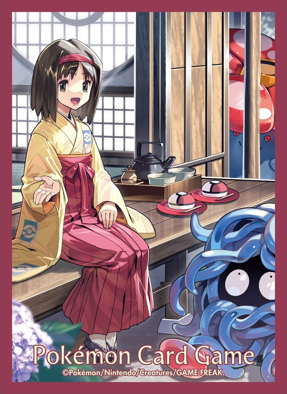 1girl :d black_eyes black_hair border closed_mouth company_name copyright_name copyright_notice erika_(pokemon) eyelashes gen_1_pokemon headband highres japanese_clothes kimono medium_hair nintendo official_art open_mouth poke_ball_print poke_ball_theme pokemon pokemon_frlg pokemon_tcg red_border red_eyes red_headband sitting smile tangela teapot third-party_source vileplume zounose