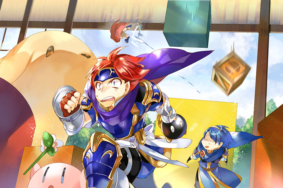 3boys animal armor blue_eyes blue_hair bob-omb cape cloud crossover cube day falling fire_emblem fire_emblem:_mystery_of_the_emblem fire_emblem:_path_of_radiance fire_emblem:_radiant_dawn fire_emblem:_the_binding_blade gloves headband holding ike_(fire_emblem) jumping kicking kirby kirby_(series) looking_at_another looking_back male_focus marth_(fire_emblem) motion_blur multiple_boys multiple_crossover nintendo nintendogs noki_(affabile) open_mouth oversized_animal red_gloves red_hair roy_(fire_emblem) running scared sky super_smash_bros. sweatdrop teeth