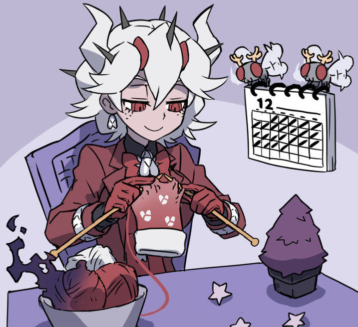 1girl beelzebub_(helltaker) bow bowtie bug bug_print calendar_(object) chair christmas christmas_stocking commentary demon_girl demon_horns earrings flower_pot fly freckles gloves helltaker horns insect jewelry knitting knitting_needle kyo-hei_(kyouhei) needle ornament red_eyes red_gloves sitting smile table tree white_hair white_horns yarn yarn_ball