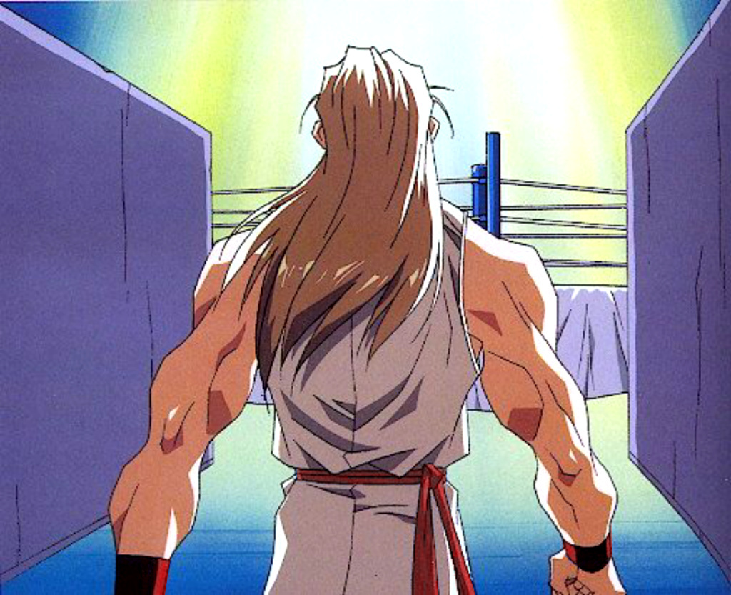 1990s_(style) andy_bogard blonde_hair fatal_fury jewelry long_hair muscular muscular_male oobari_masami retro_artstyle ring walking