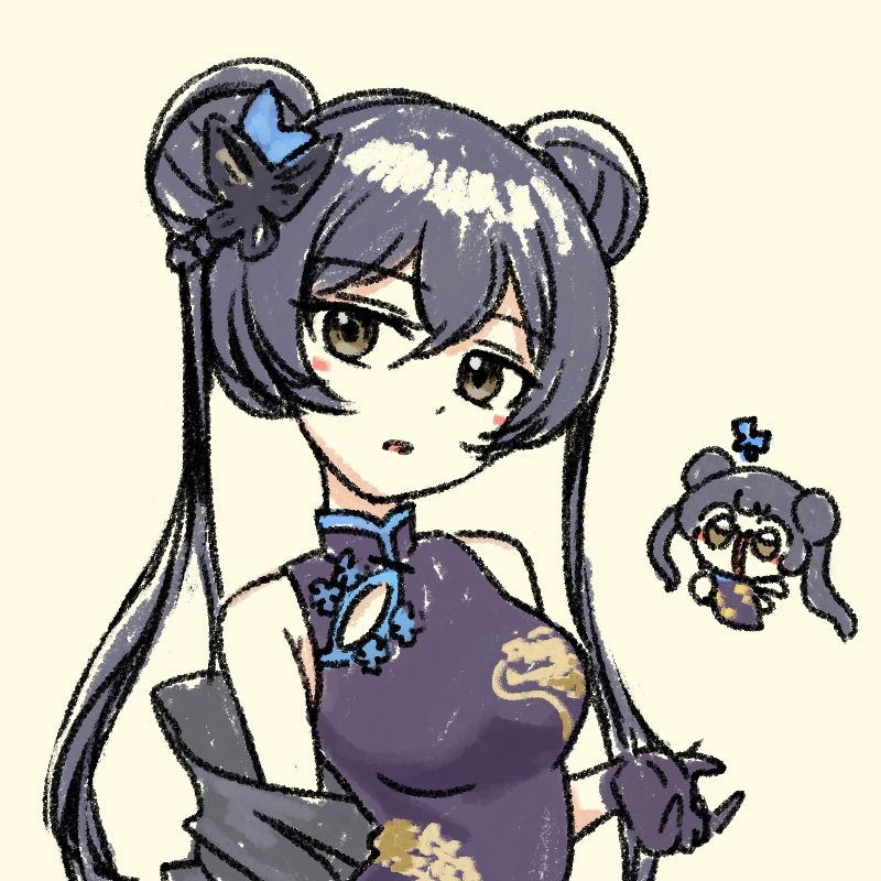 1girl black_dress black_hair blue_archive braid braided_bun brown_eyes butterfly_hair_ornament coat double_bun dragon_print dress grey_coat hair_bun hair_ornament kisaki_(blue_archive) long_hair no_halo numenoko off_shoulder open_mouth print_dress simple_background sleeveless sleeveless_dress tan_tan_pou twintails