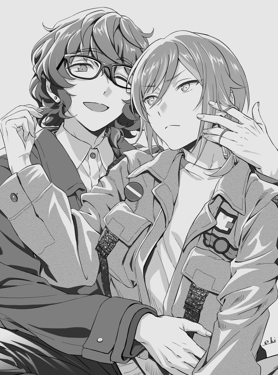 2boys ;d aoba_tsumugi arm_behind_another&#039;s_back bishounen breast_pocket closed_mouth collared_shirt e_ki earrings ensemble_stars! greyscale hand_on_another&#039;s_stomach hand_up highres implied_yaoi jacket jewelry lapels light_frown long_sleeves looking_at_viewer looking_to_the_side male_focus medium_hair monochrome multiple_boys one_eye_closed open_clothes open_jacket open_mouth playing_with_another&#039;s_hair pocket sakasaki_natsume shirt short_hair side-by-side signature simple_background smile stud_earrings upper_body white_background wing_collar