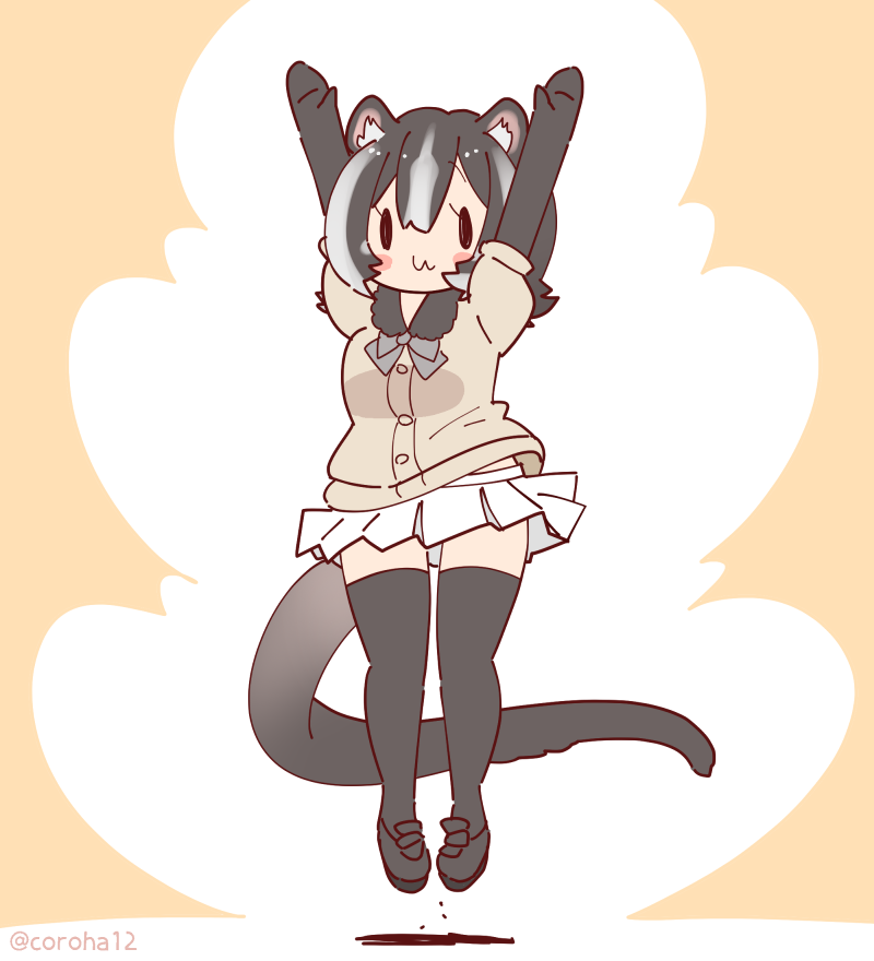 1girl animal_ears arms_up black_eyes black_hair bow bowtie brown_background coroha elbow_gloves extra_ears full_body gloves jumping kemono_friends kemono_friends_3 long_hair looking_at_viewer masked_palm_civet_(kemono_friends) shirt shoes simple_background skirt solo tail thighhighs