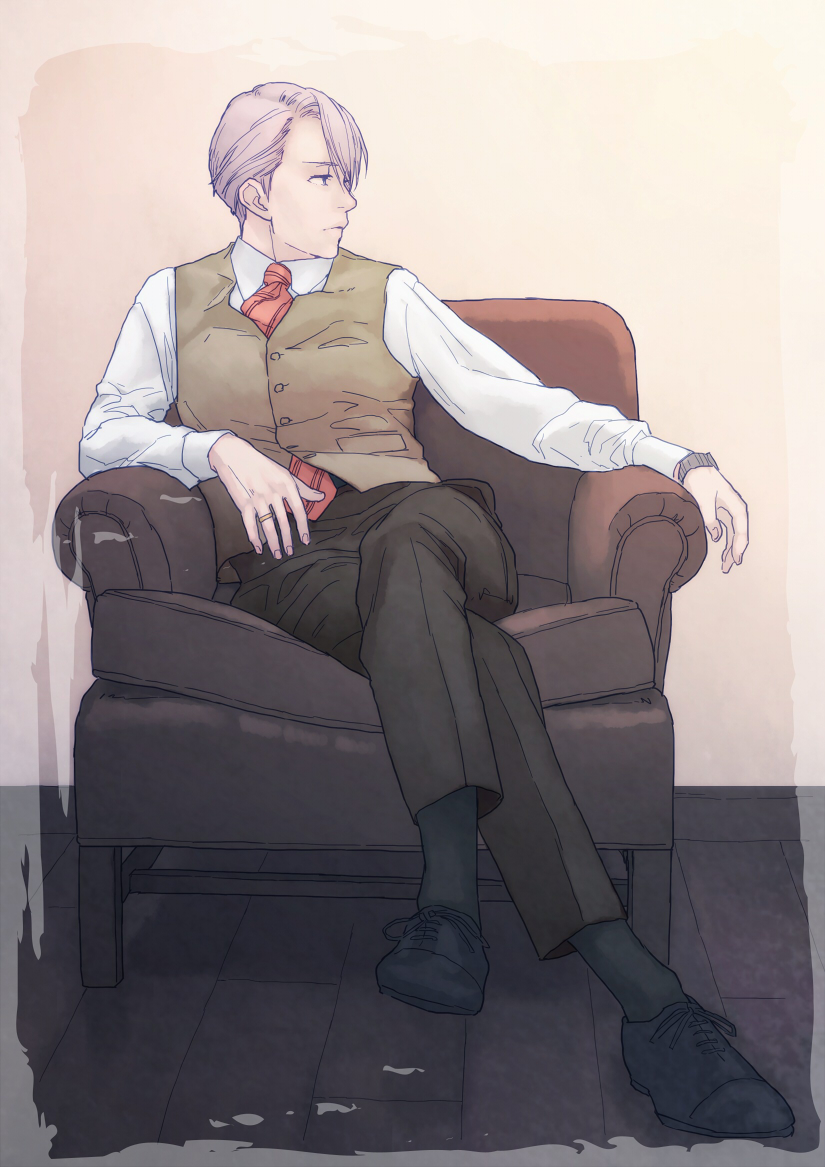 1boy armchair black_pants blue_eyes chair crossed_legs jewelry looking_to_the_side male_focus necktie pants ring silver_hair sitting t3_(19841230) vest viktor_nikiforov waistcoat yuri!!!_on_ice