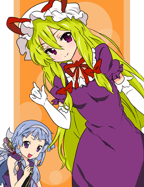 2girls :d ayasugi_tsubaki blonde_hair crossover elbow_gloves female_focus gloves hat kannagi multiple_girls nagi open_mouth purple_eyes silver_hair smile touhou yakumo_yukari