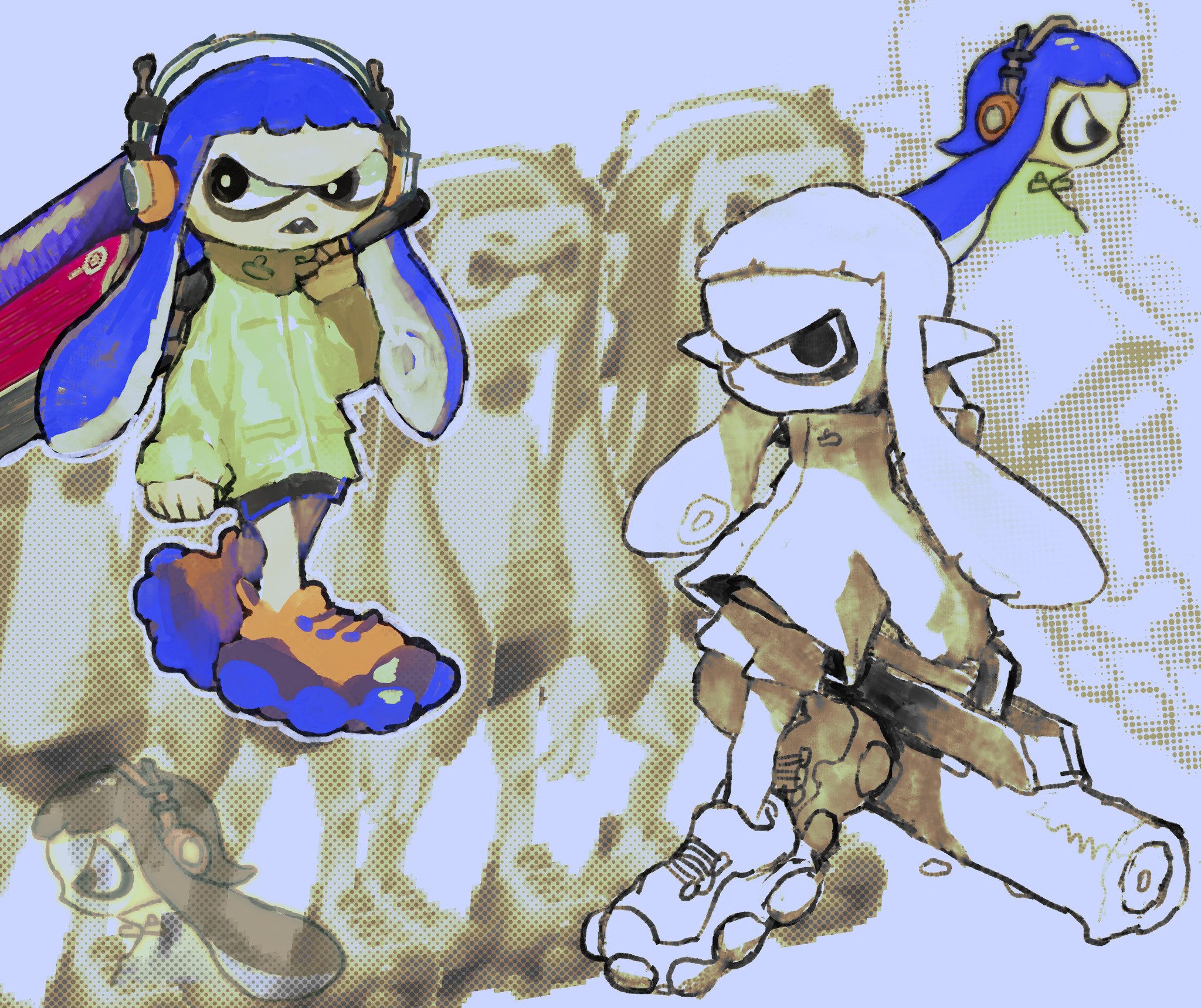 1girl deformed flingza_roller_(splatoon) halftone headphones highres inkling inkling_girl inkling_player_character jacket long_sleeves multiple_views nintendo pale_skin plastiboo pointy_ears shoes short_bangs shorts sneakers splatoon_(series) teeth tentacle_hair