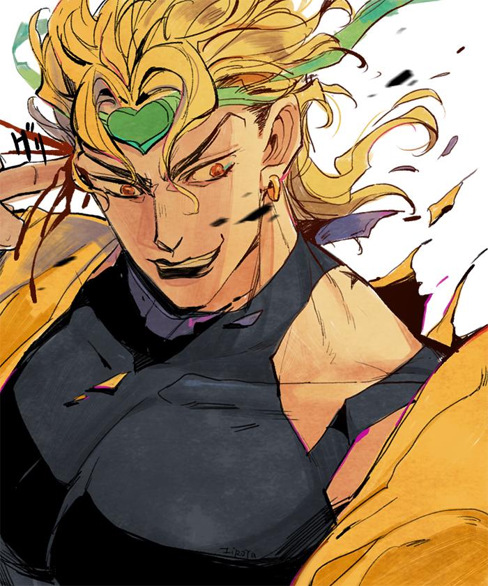 1boy birthmark black_lips bleeding blonde_hair blood dio_brando earrings hatoyama_itsuru heart_headband jacket jewelry joestar_birthmark jojo_no_kimyou_na_bouken male_focus mullet red_eyes self-harm solo stardust_crusaders torn_clothes yellow_jacket